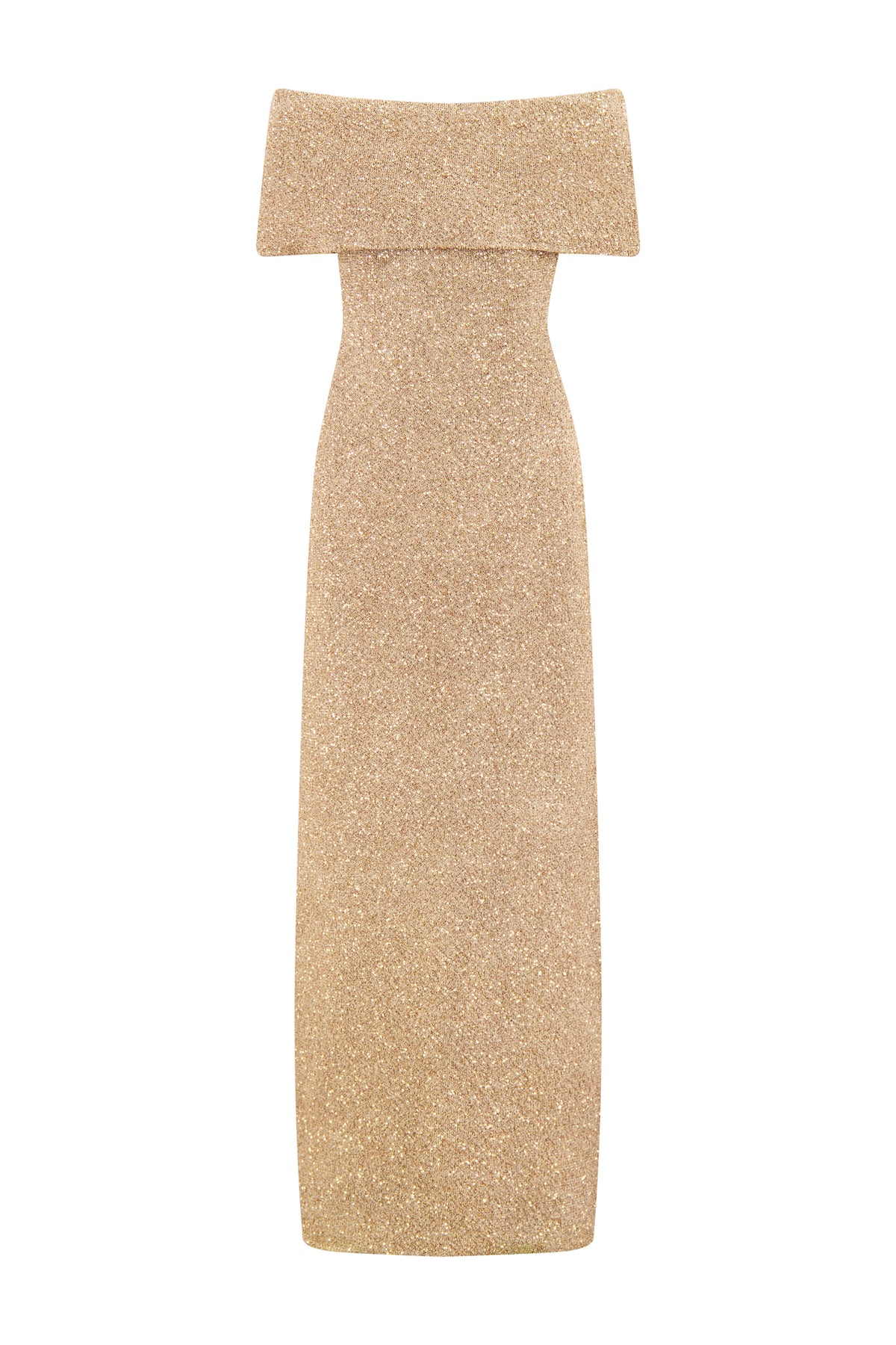 Front close-up of Sequin Knit Deedie Gown in Taupe showcasing sequin knit and off-the-shoulder capelet overlay on white background