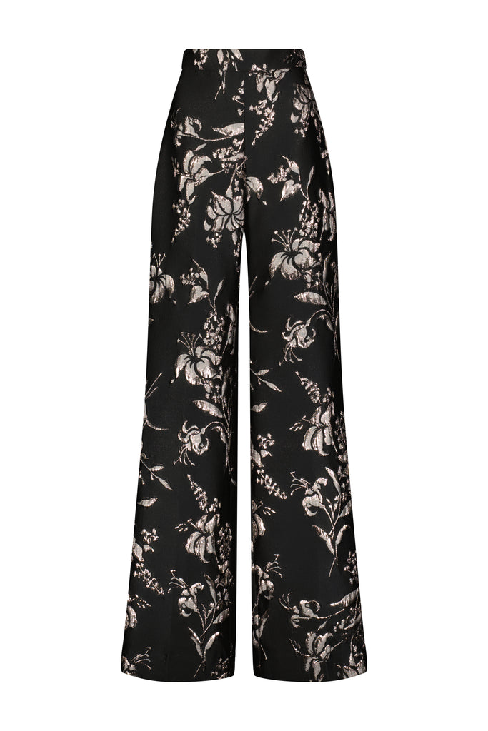 Metallic Floral Jacquard Wide Leg Pant in Black