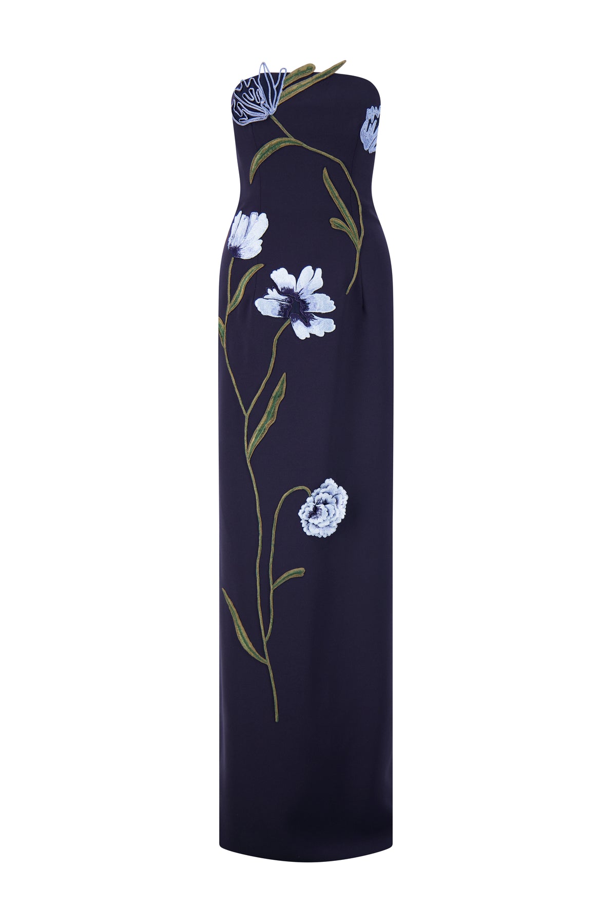 Front view of the Floral Cord Embroidered Strapless Gown in Navy and Blue showcasing raised floral embroidery on white