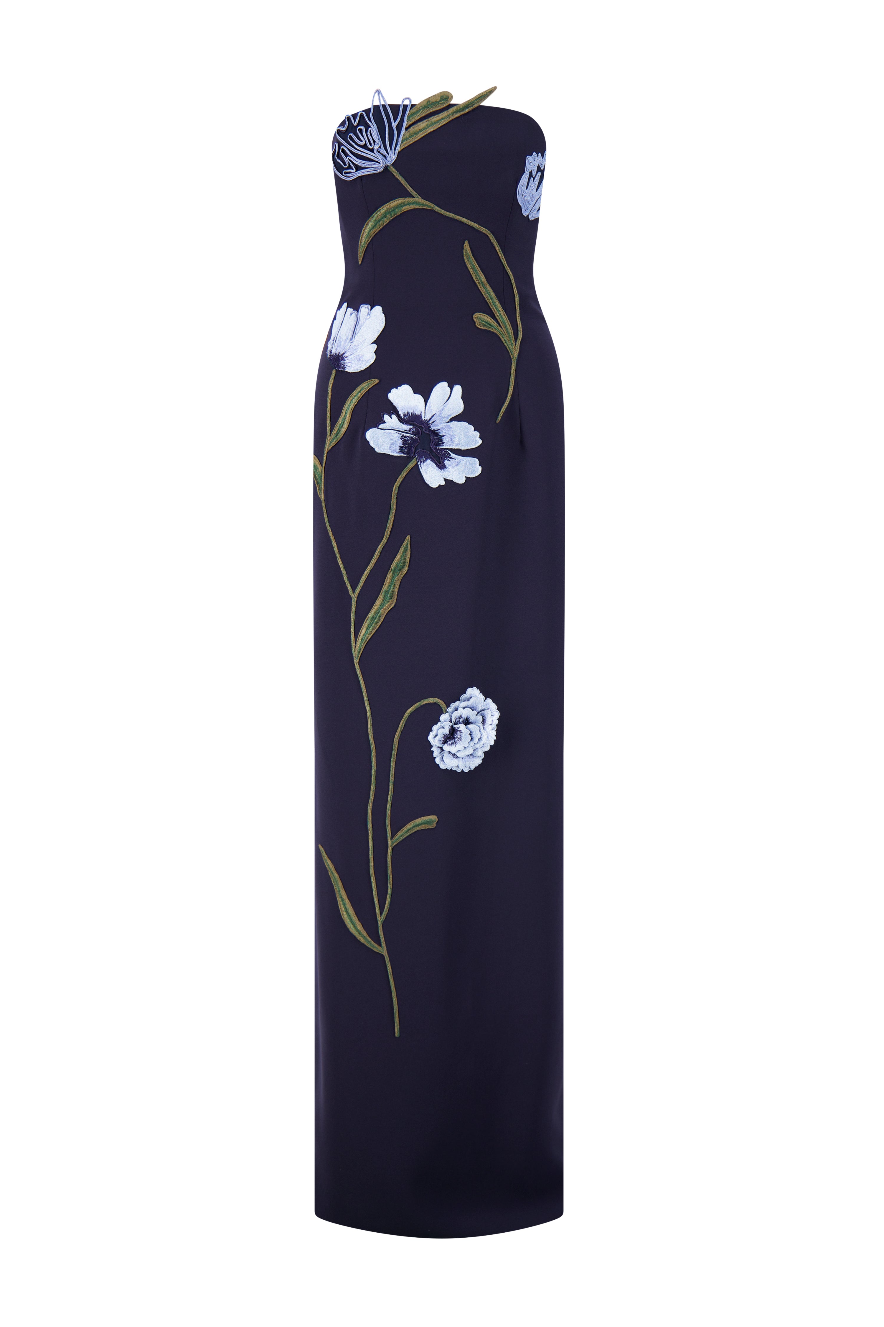 Floral Cord Embroidered Fluid Crepe Strapless Gown in Navy & Blue