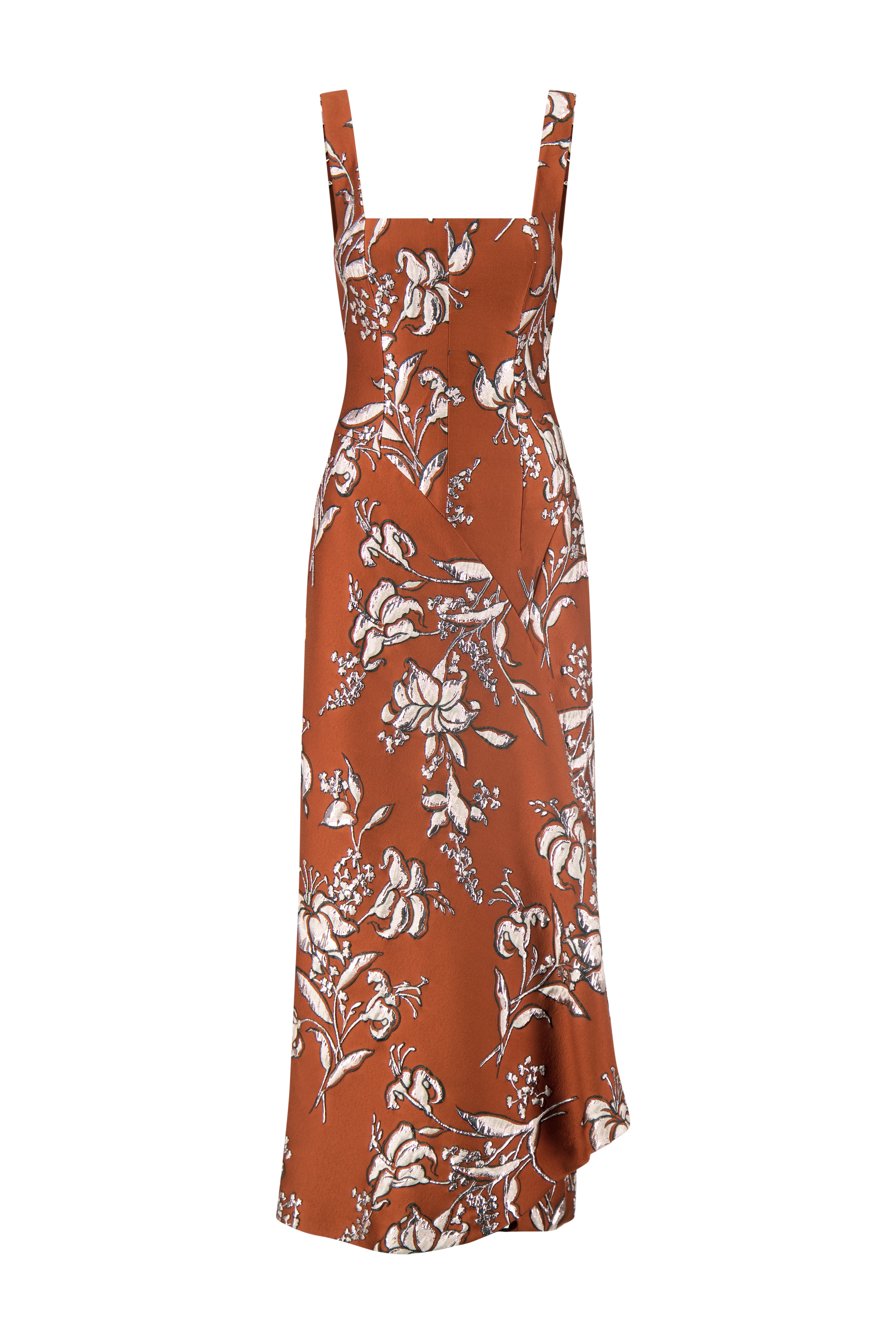 Metallic Floral Jacquard Cascade Dress in Brick