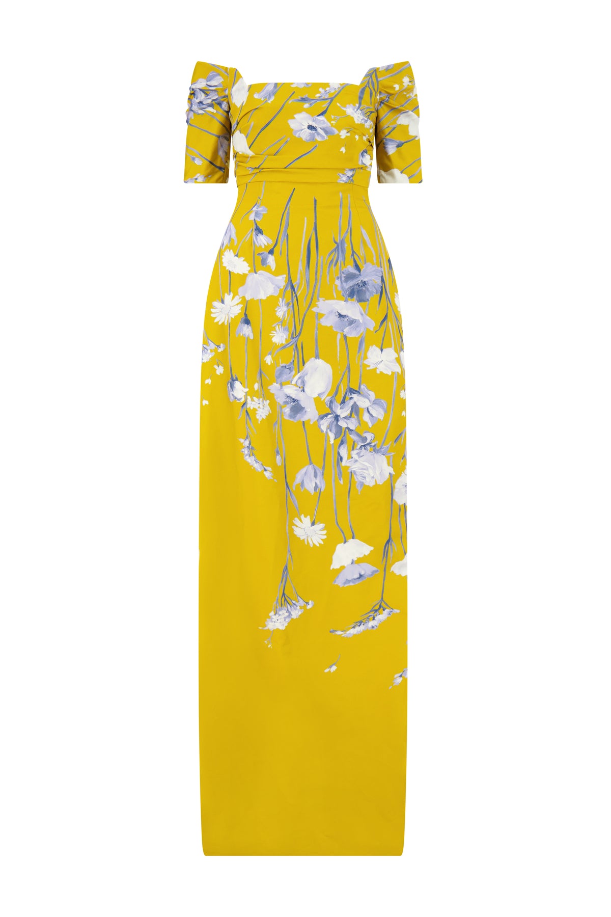 Floral Faille Cuff Sleeve Gown in Ochre Multi