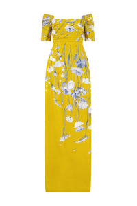 Floral Faille Cuff Sleeve Gown in Ochre Multi