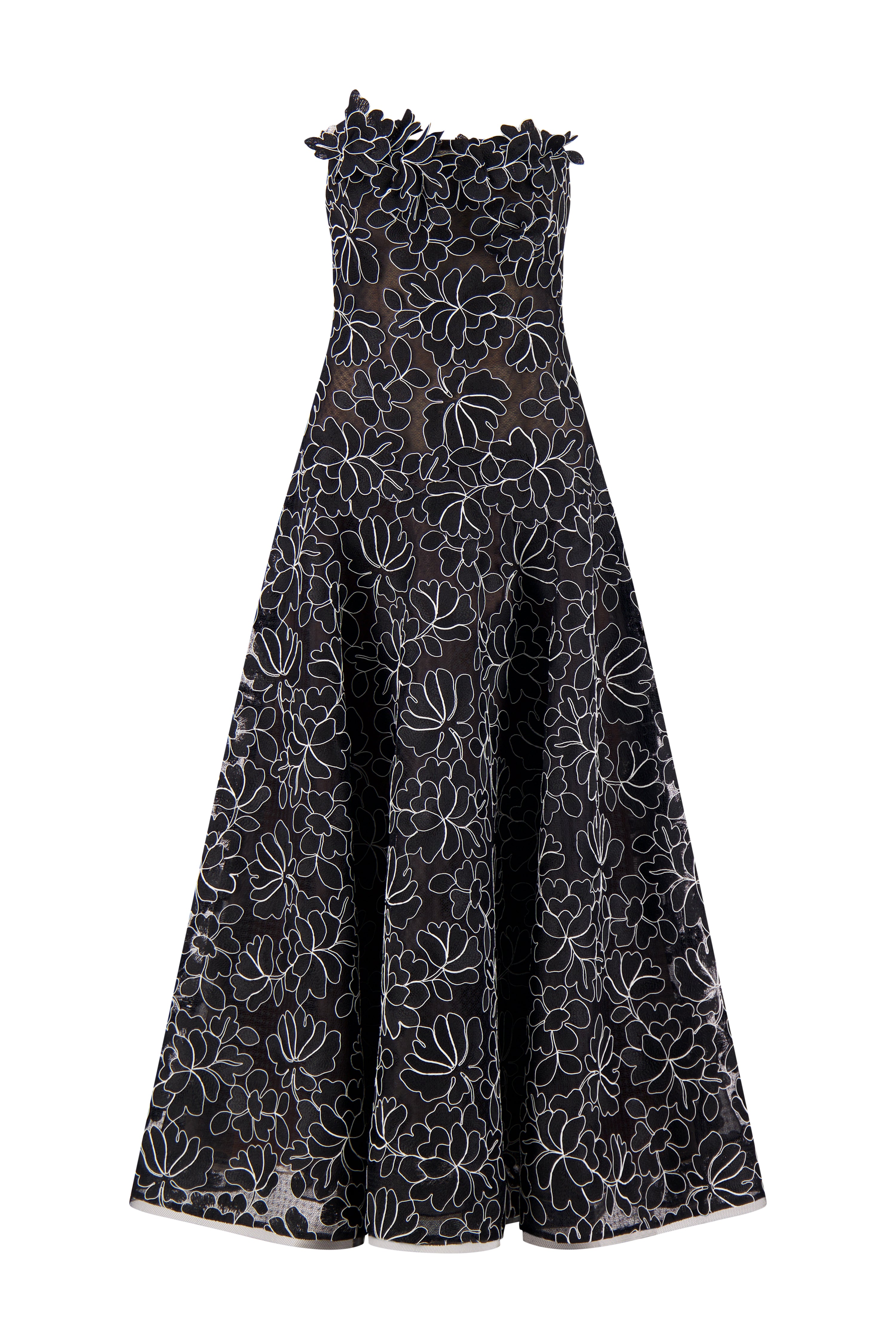 Floral Lace Strapless Full Skirt Dress in Black & Ivory