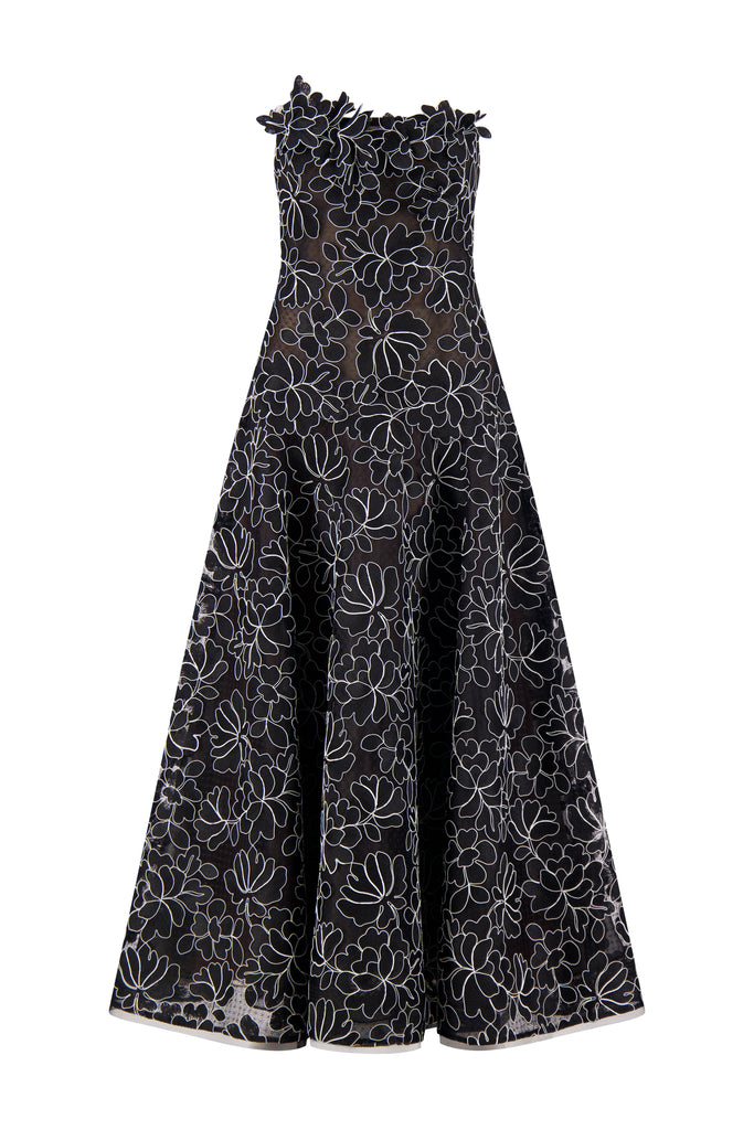Floral Lace Strapless Full Skirt Dress in Black & Ivory