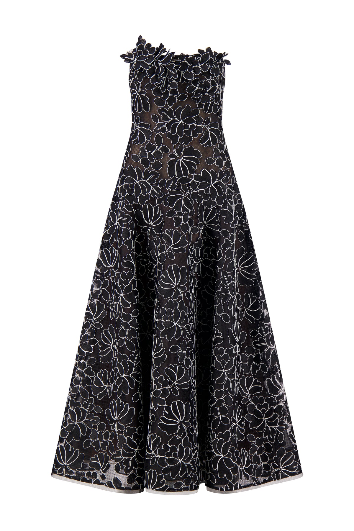 Floral Lace Strapless Full Skirt Dress in Black & Ivory