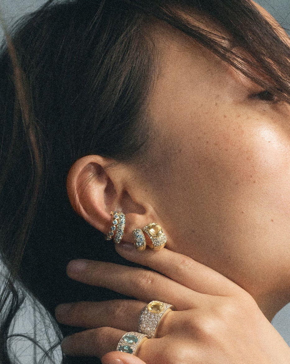 Tidepool Huggie Hoops in Aquamarine and Topaz