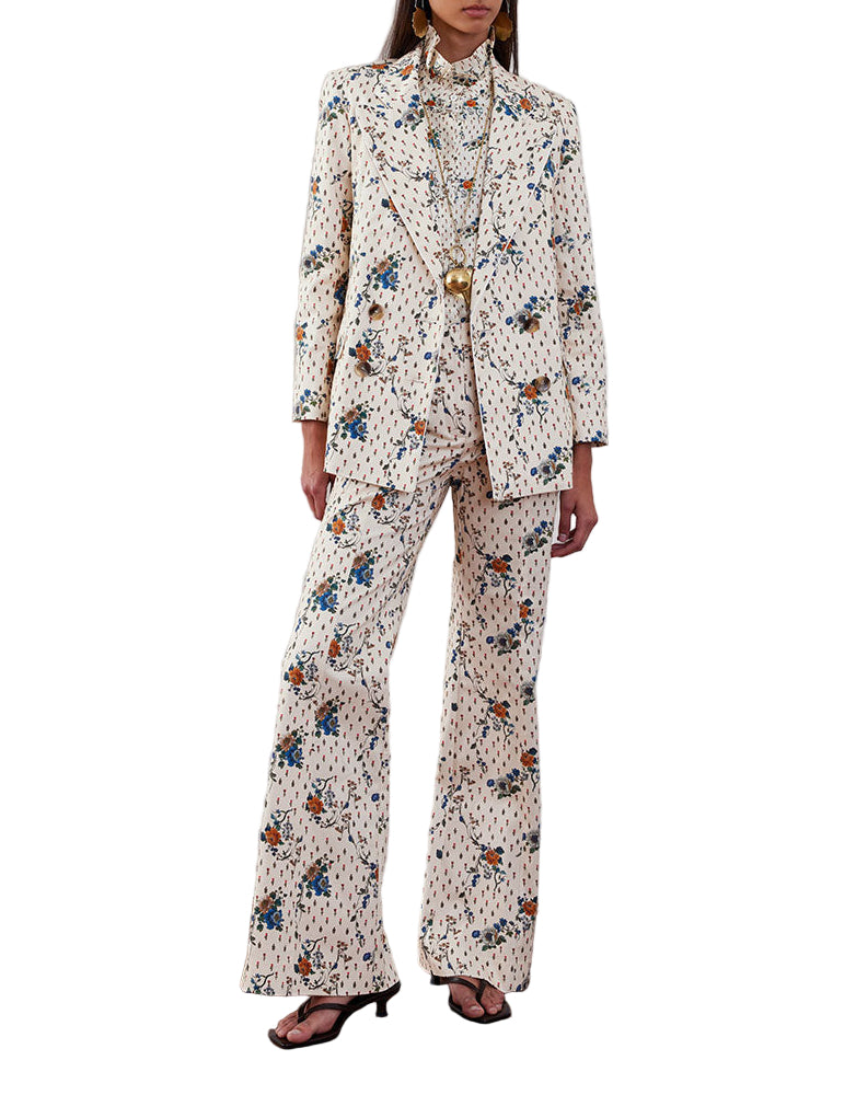 Front view of Morgan Twill Trouser in Floral Cream showing the Miniature Floral motif and fitted silhouette on a model