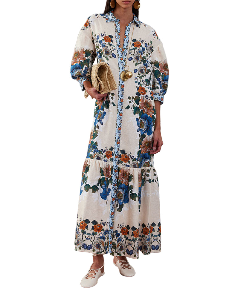 Bianca Linen Maxi Dress in Magical Blossom Cream M Bianca Linen Maxi Dress in Magical Blossom Cream M