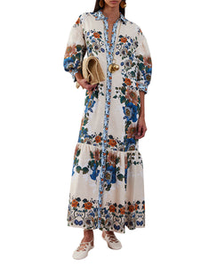 Bianca Linen Maxi Dress in Magical Blossom Cream