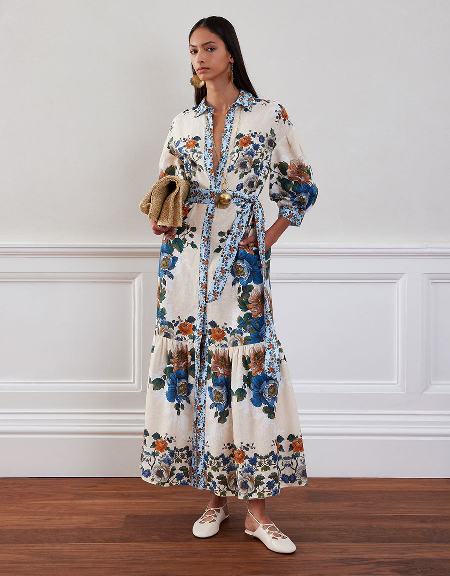 Bianca Linen Maxi Dress in Magical Blossom Cream | Over The Moon