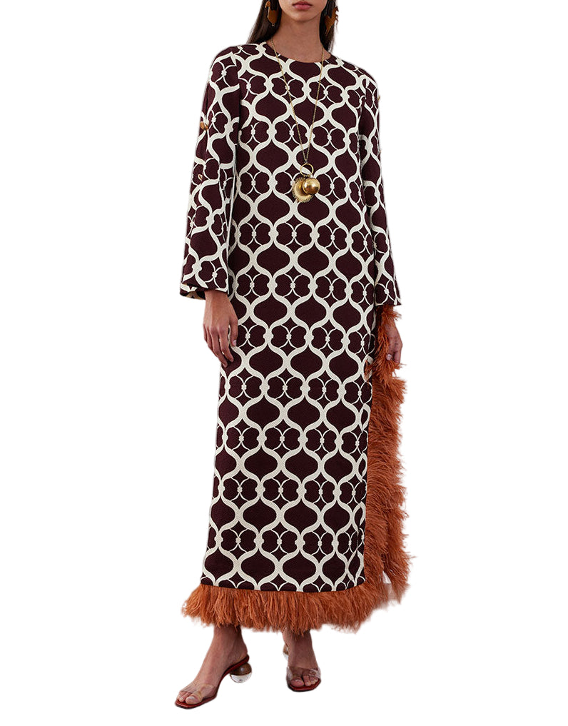 Front view of Brunetta Jacquard maxi dress in Loop Brown showing Loop jacquard pattern and feather-trimmed hem on white background
