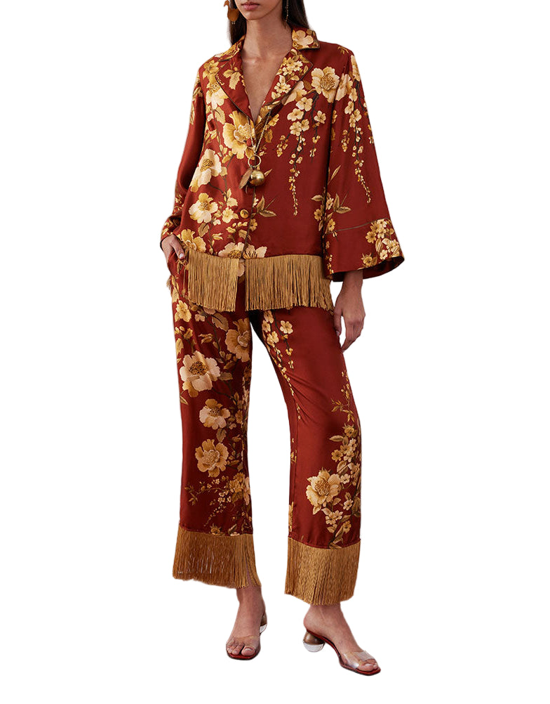 Front view of Calliope Twill Jacket in Cherry Blossom Brown showcasing copper-gold cherry blossom print and gilded fringe on white background