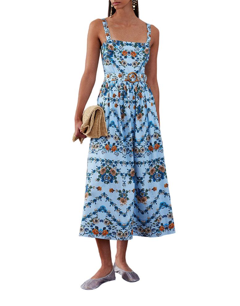 Front view of Ninet cotton midi dress showcasing square neckline, wicker-style belted waist and Magical Blossom blue floral print on white background