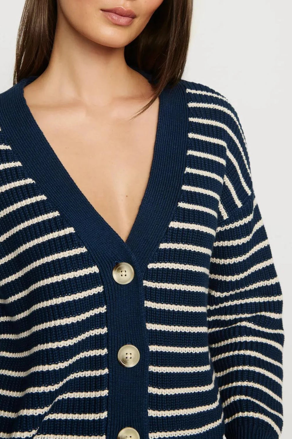 Coastal Cotton Cardigan in Stripe Navy/Almond Heather