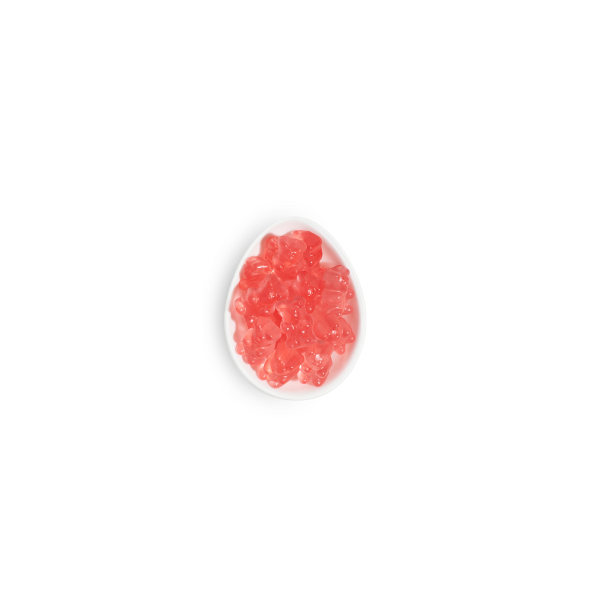 Top view of La Vie En Rose Sparkling Rose bears in a white egg-shaped dish showing pink translucent gummy bears on white background