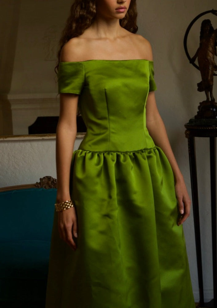 Off-The-Shoulder Drop Waist Gown in Chartreuse Italian Double-Faced Satin
