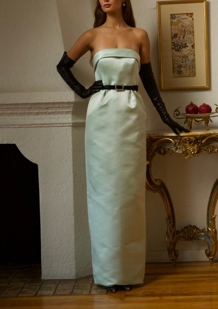 Strapless Slim Waisted Gown in Italian Mint Double Faced Satin