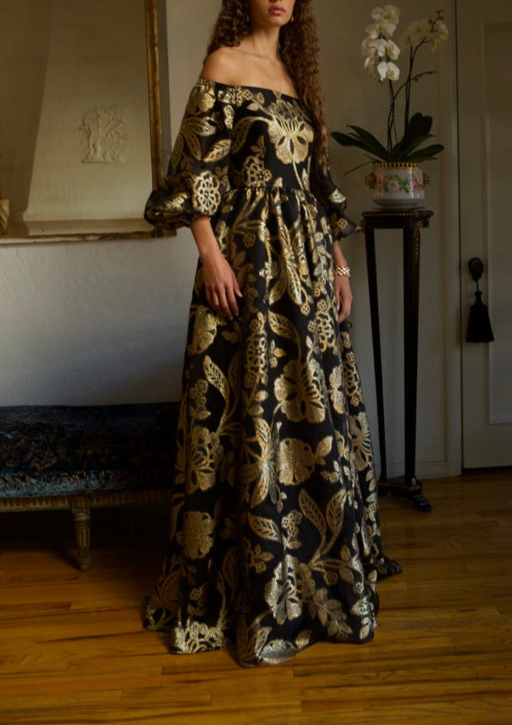 Off The Shoulder Gown in Black and Gold Silk Organza Brocade