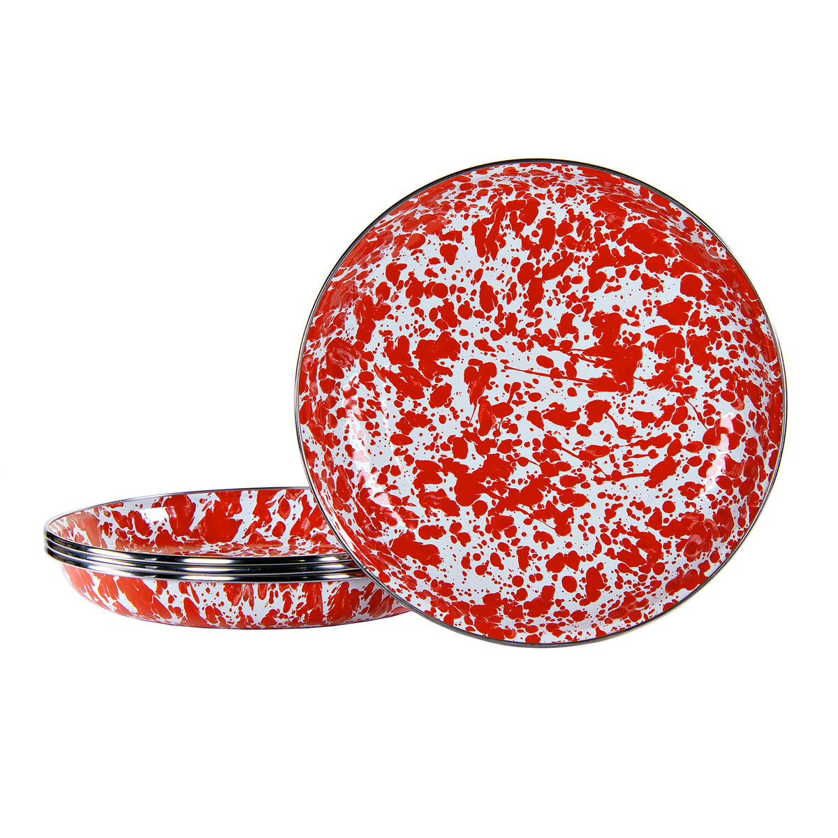 Front view of Pasta Plates in Red Swirl, Set of 4 showcasing red swirl enamel and stainless steel trim on white background