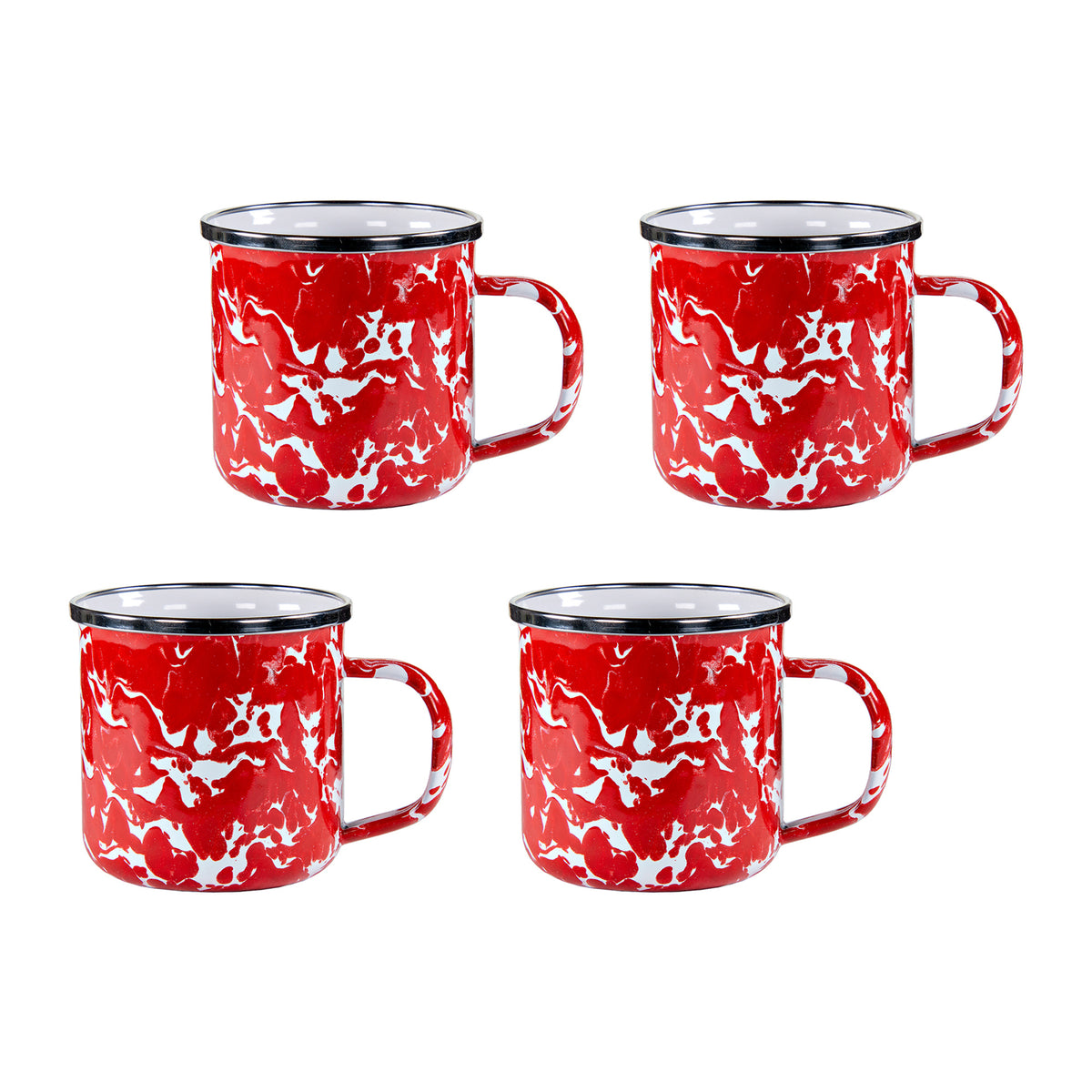 Front view of Adult Mugs in Red Swirl, Set of 4 showcasing red and white enamel with stainless steel trim on white background