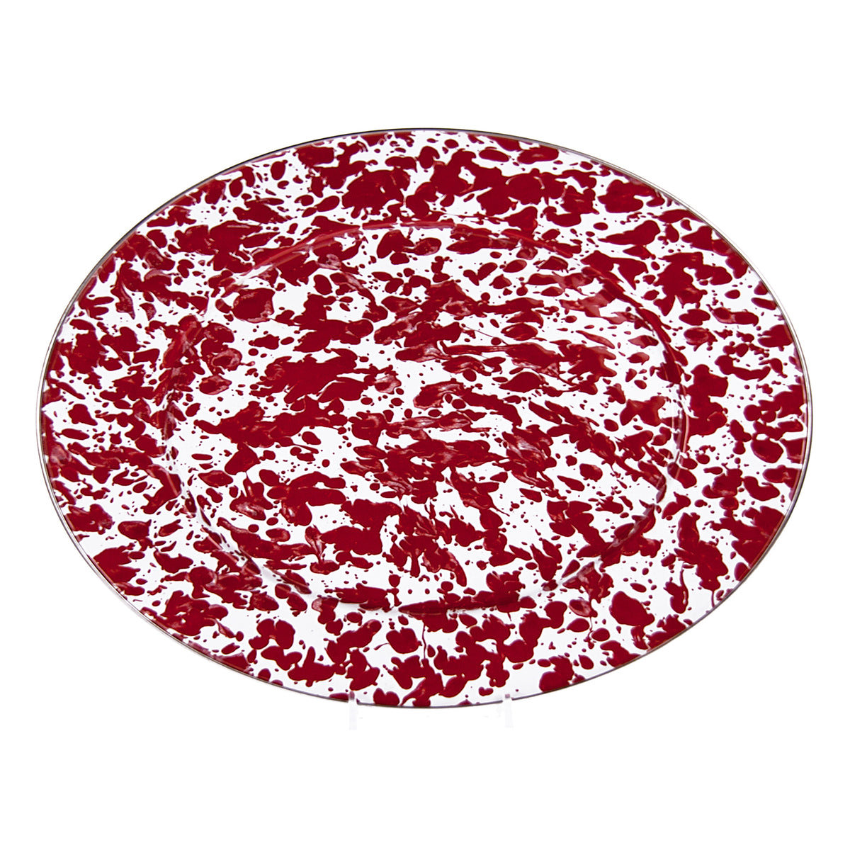 Front view of Oval Platter in Red Swirl showcasing red swirl enamel pattern and stainless steel trim on a white background