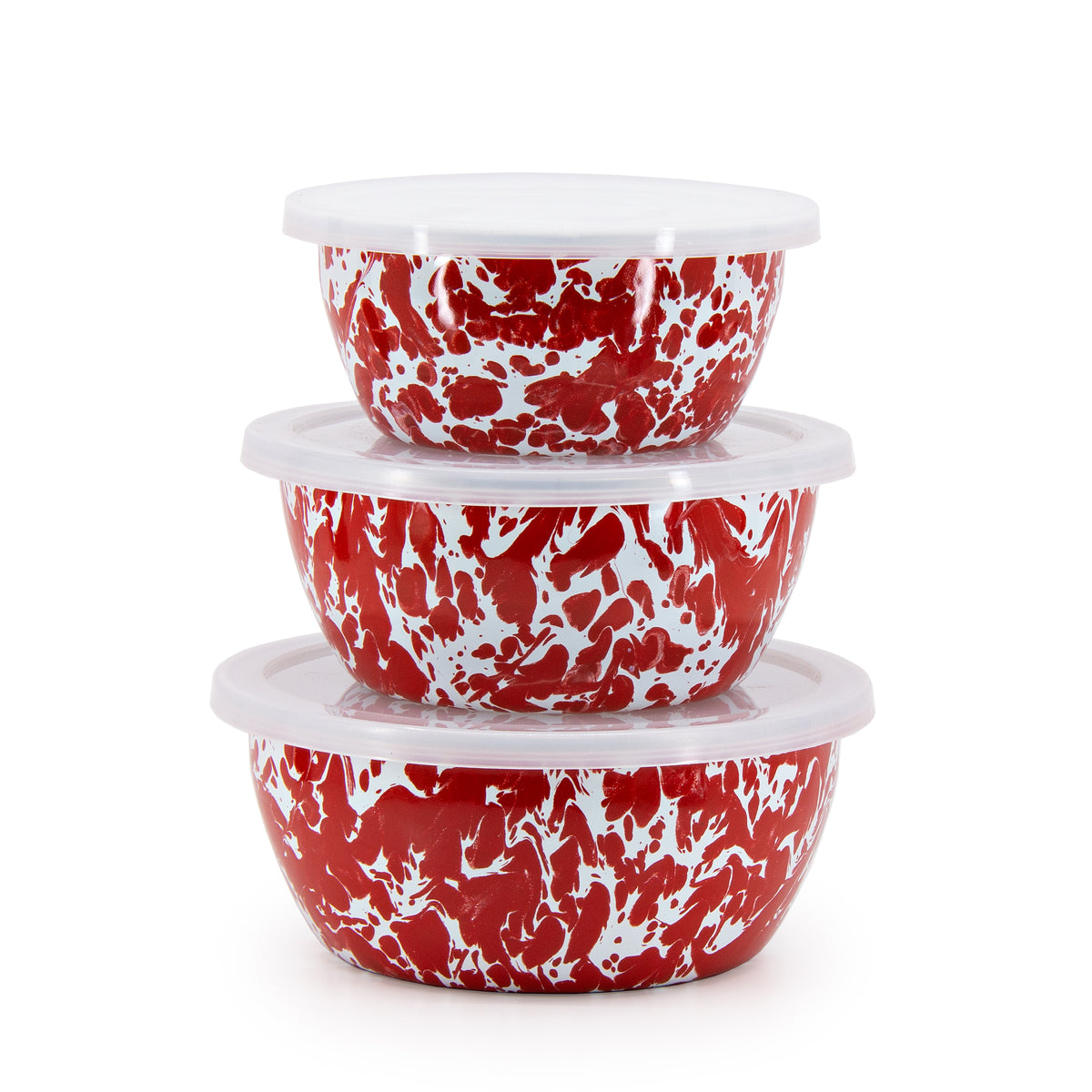 Front view of Nesting Bowls in Red Swirl showcasing three nested bowls with removable lids against a white background