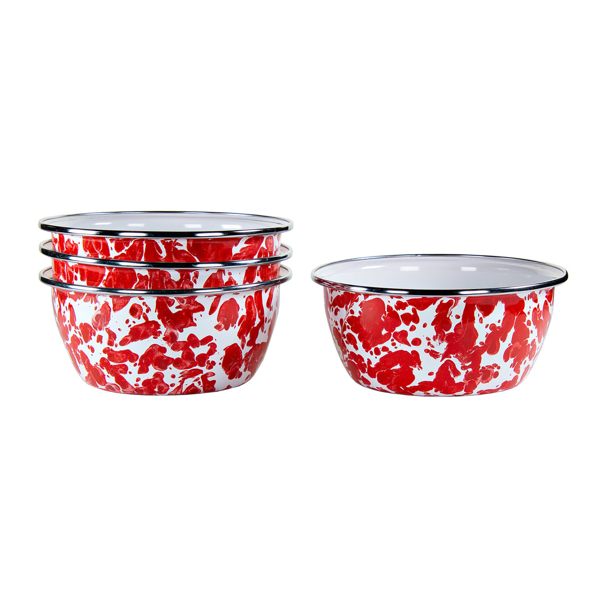 Front view of Salad Bowls in Red Swirl, Set of 4 showing red and white enamel pattern and stainless steel rims