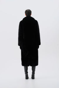Long black faux fur coat, back view