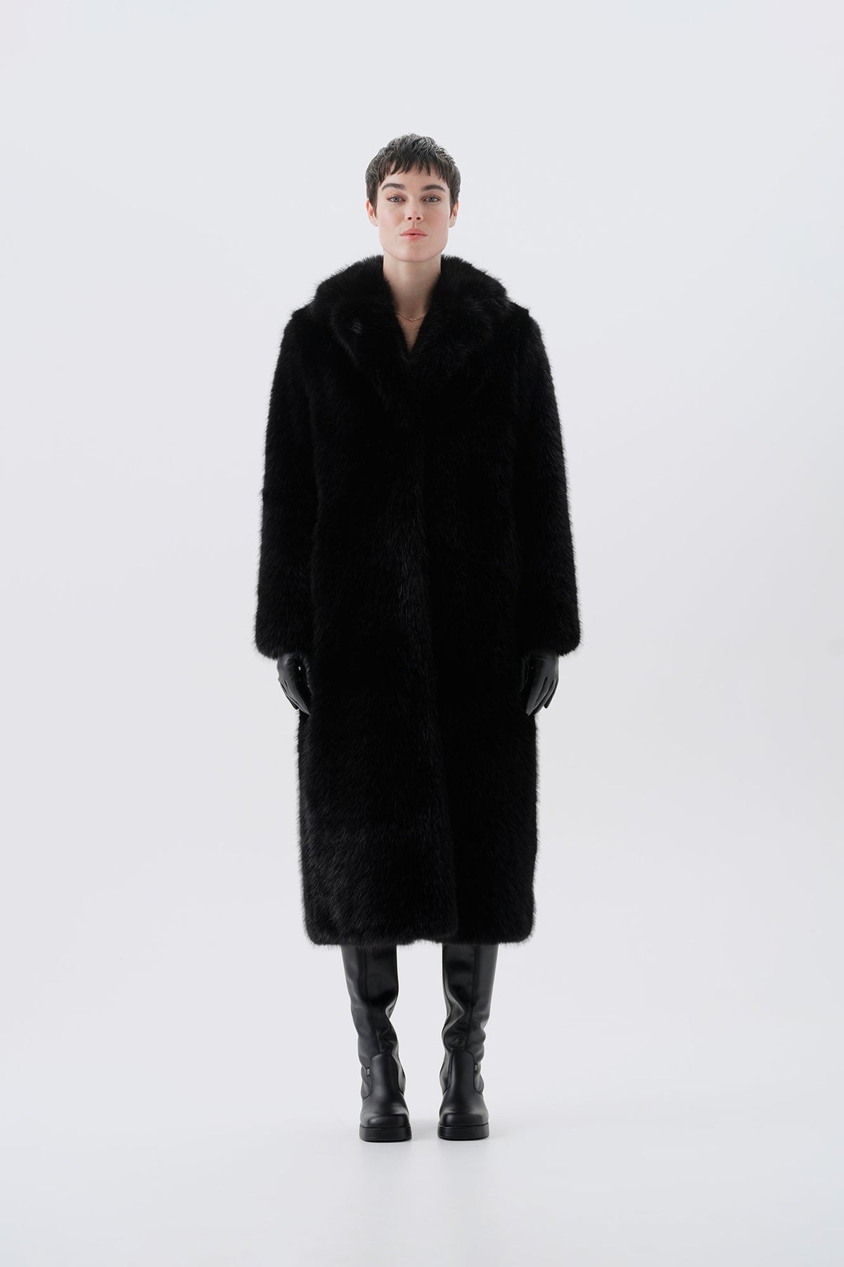 Long black faux fur coat, front view