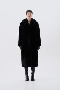 Long black faux fur coat, front view
