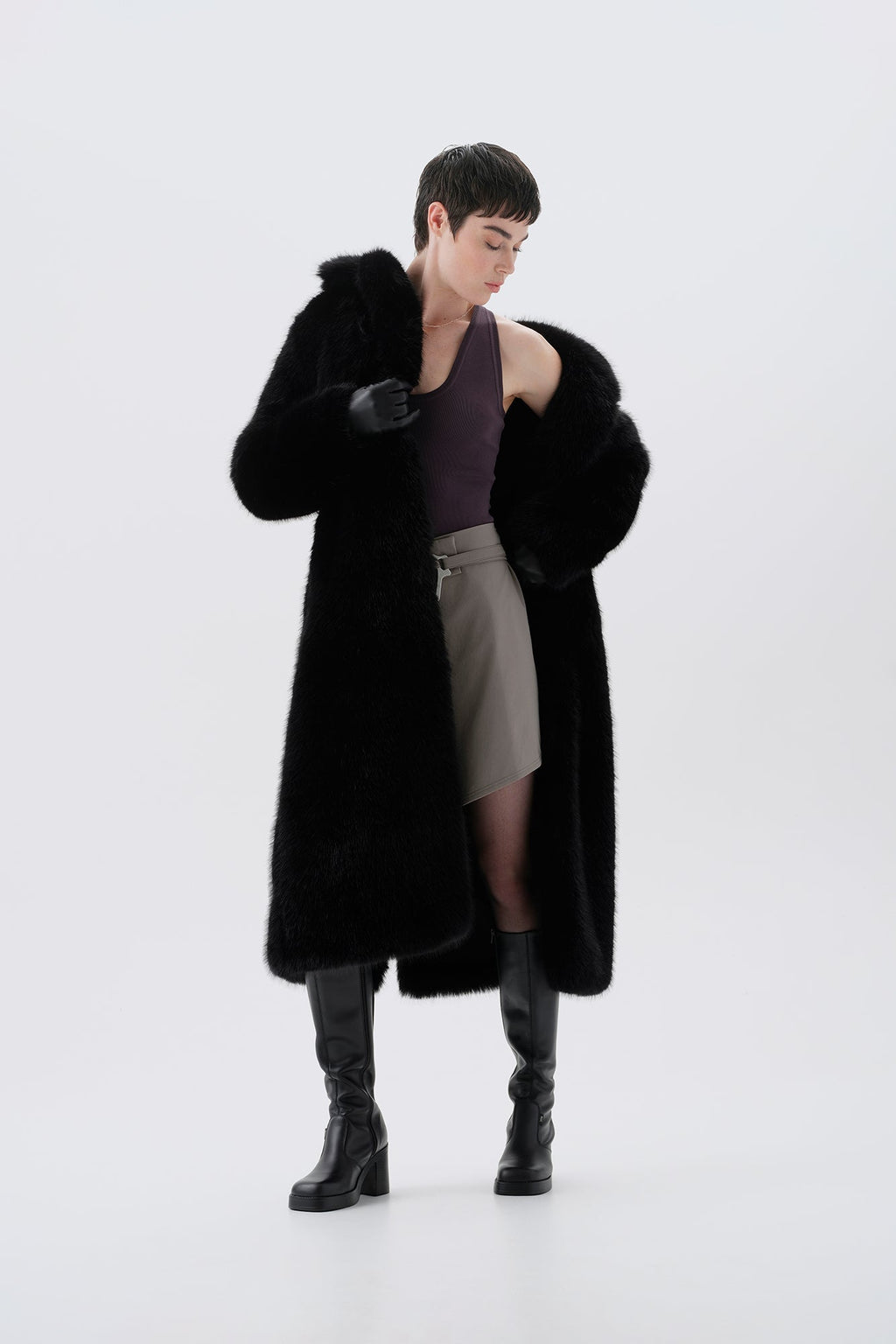 Long black faux fur coat
