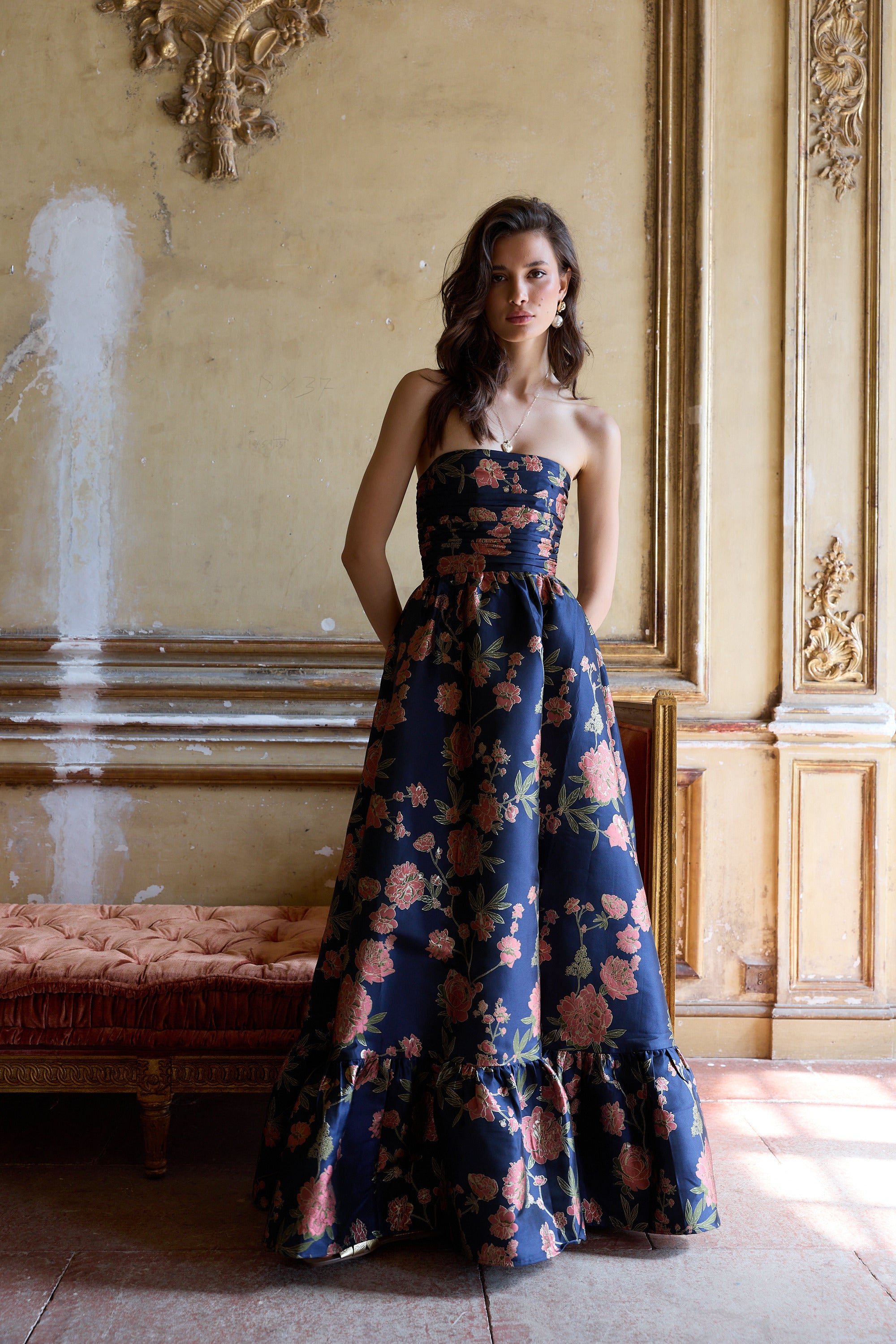 The Regina Dress in Navy Tudor Rose Brocade