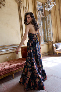The Regina Dress in Navy Tudor Rose Brocade