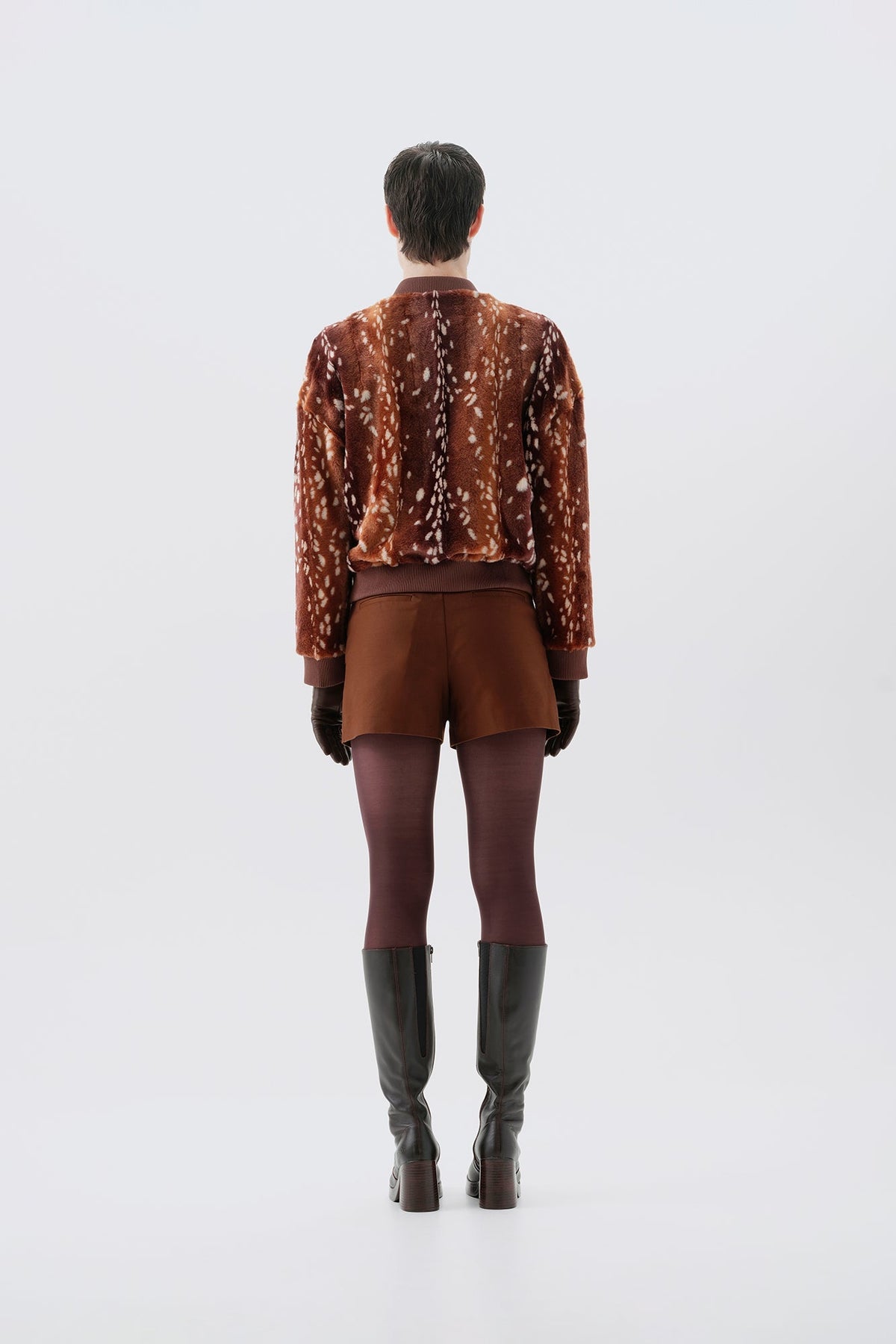 Brown bambi patterned faux fur bomber jacket, back view