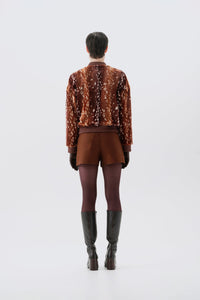 Brown bambi patterned faux fur bomber jacket, back view