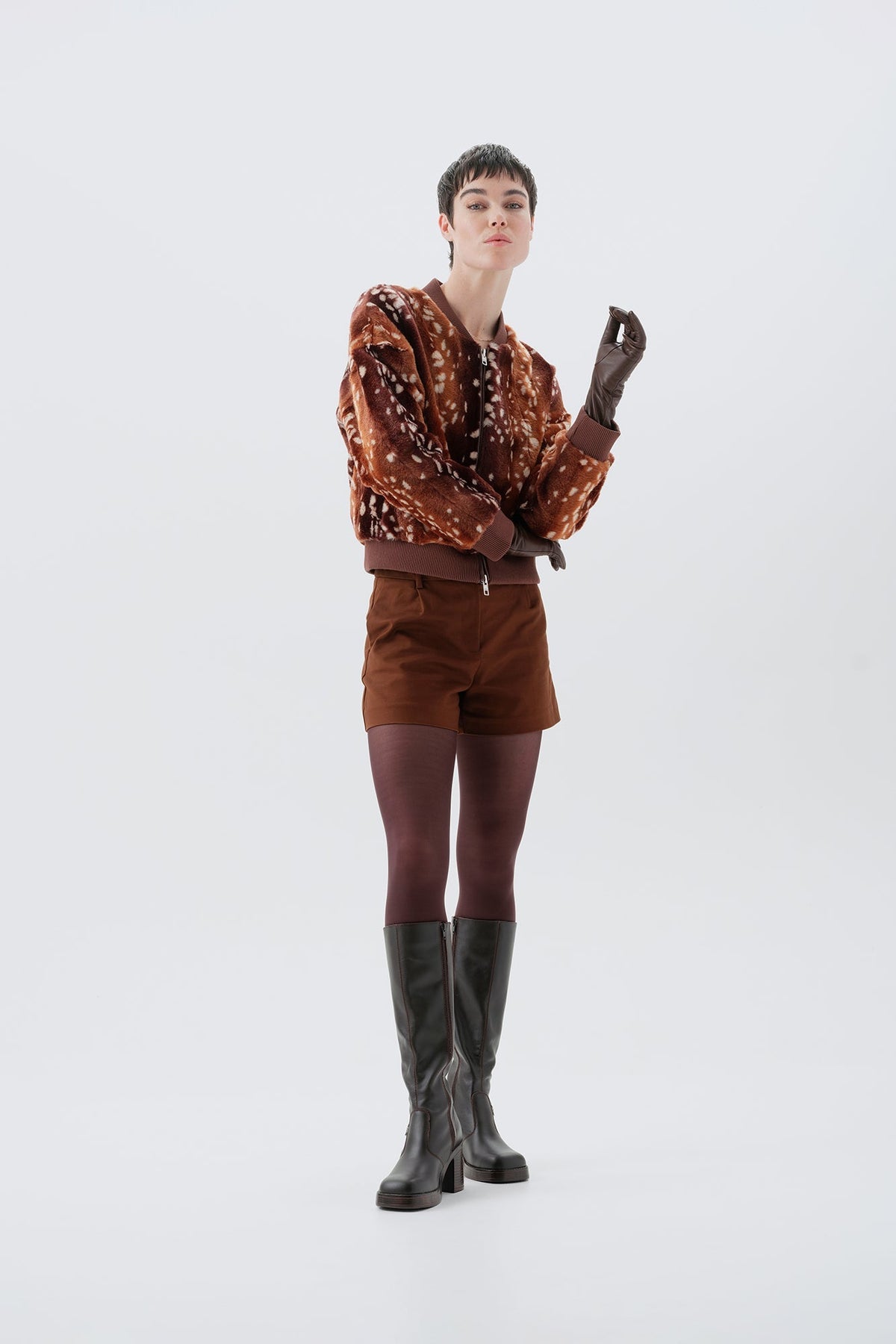 Brown bambi patterned faux fur bomber jacket