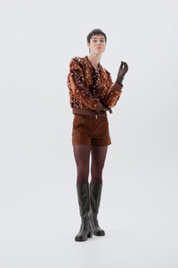 Brown bambi patterned faux fur bomber jacket