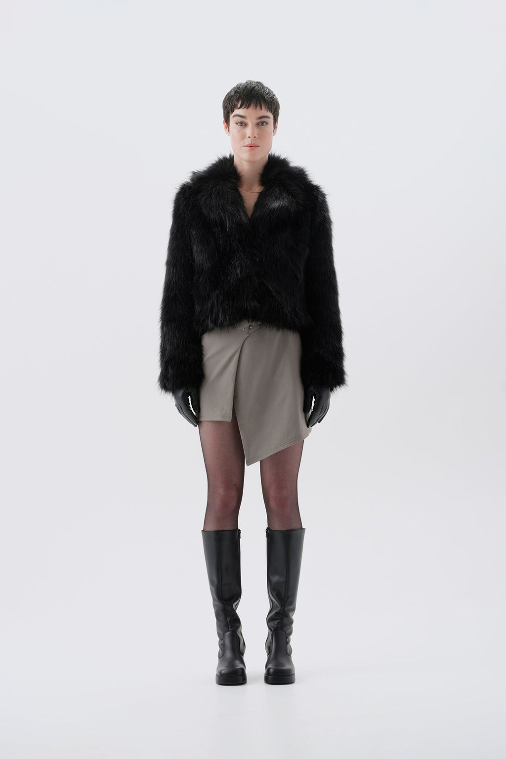 Cropped black faux fur jacket, front view