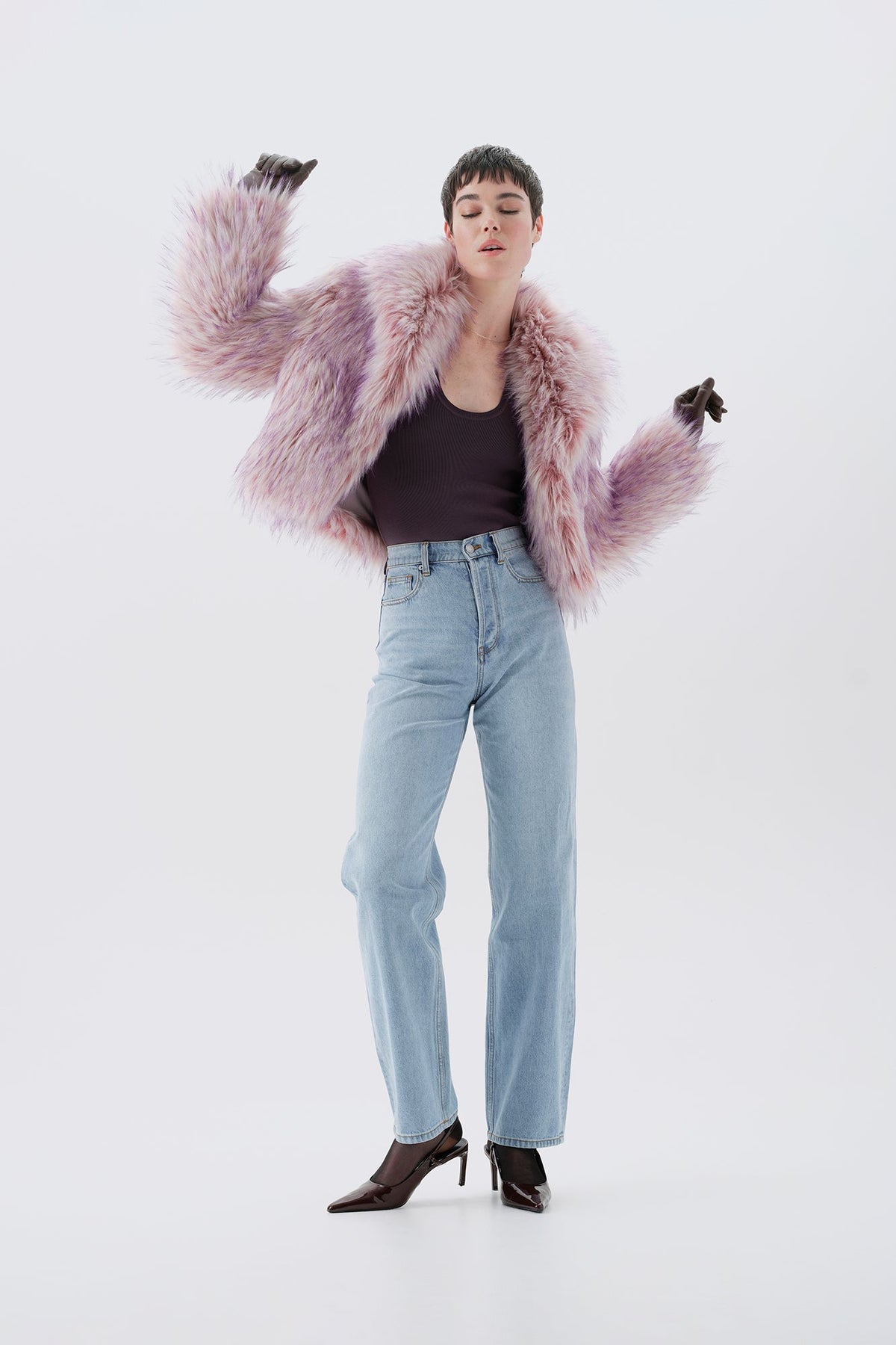 Cropped pink and purple faux fur jacket