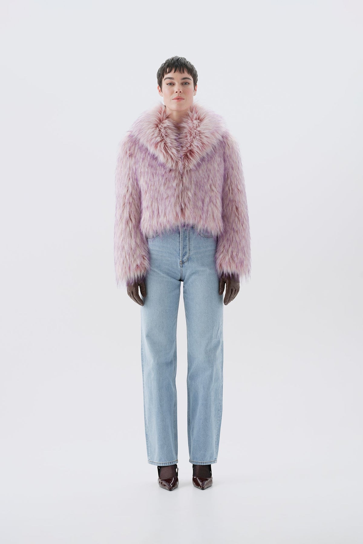 Cropped pink and purple faux fur jacket, front view