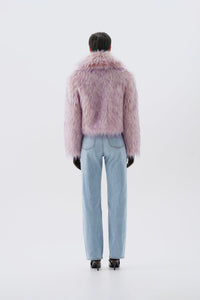 Cropped pink and purple faux fur jacket, back view