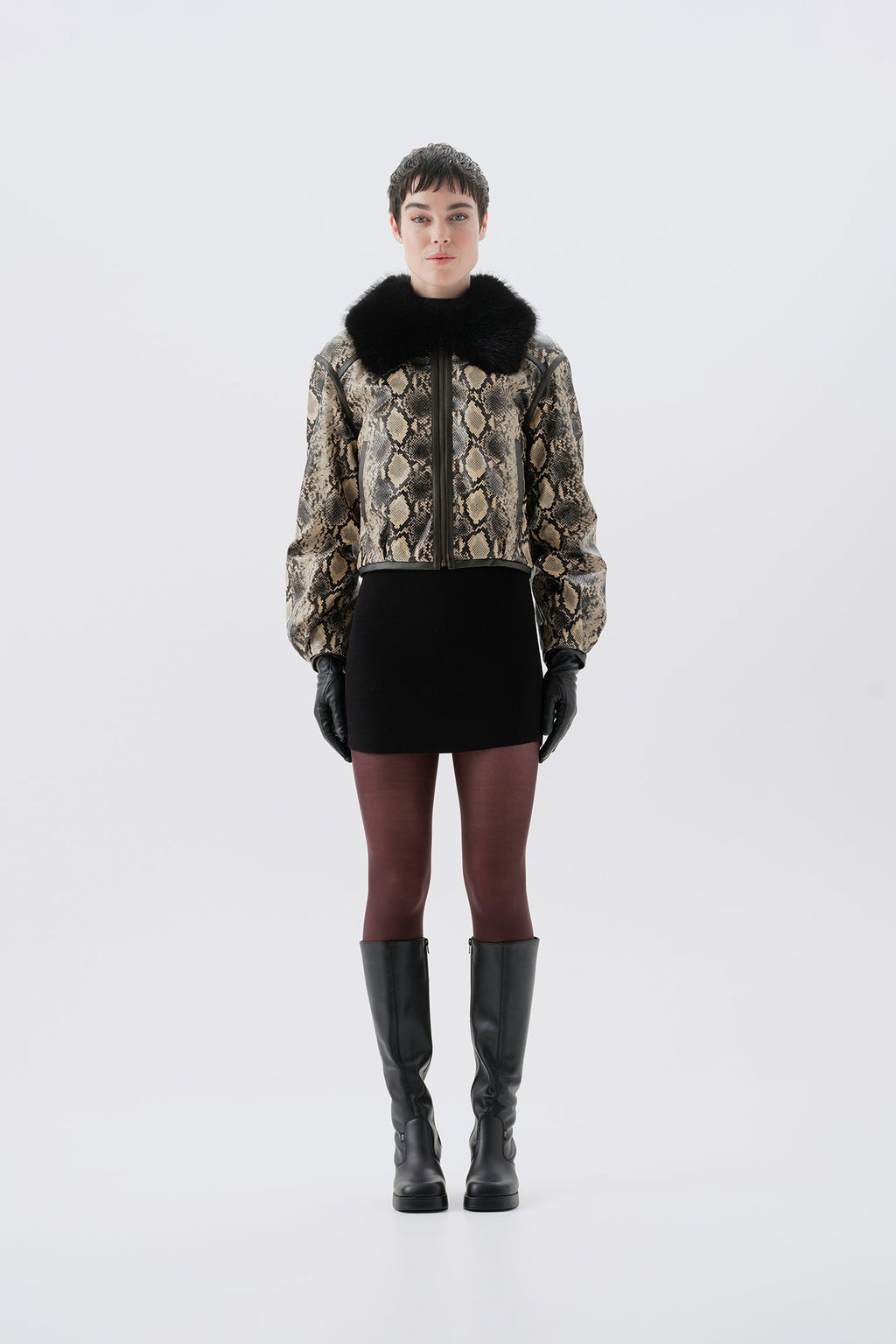Cropped mock python PU jacket with black faux fur collar, front view