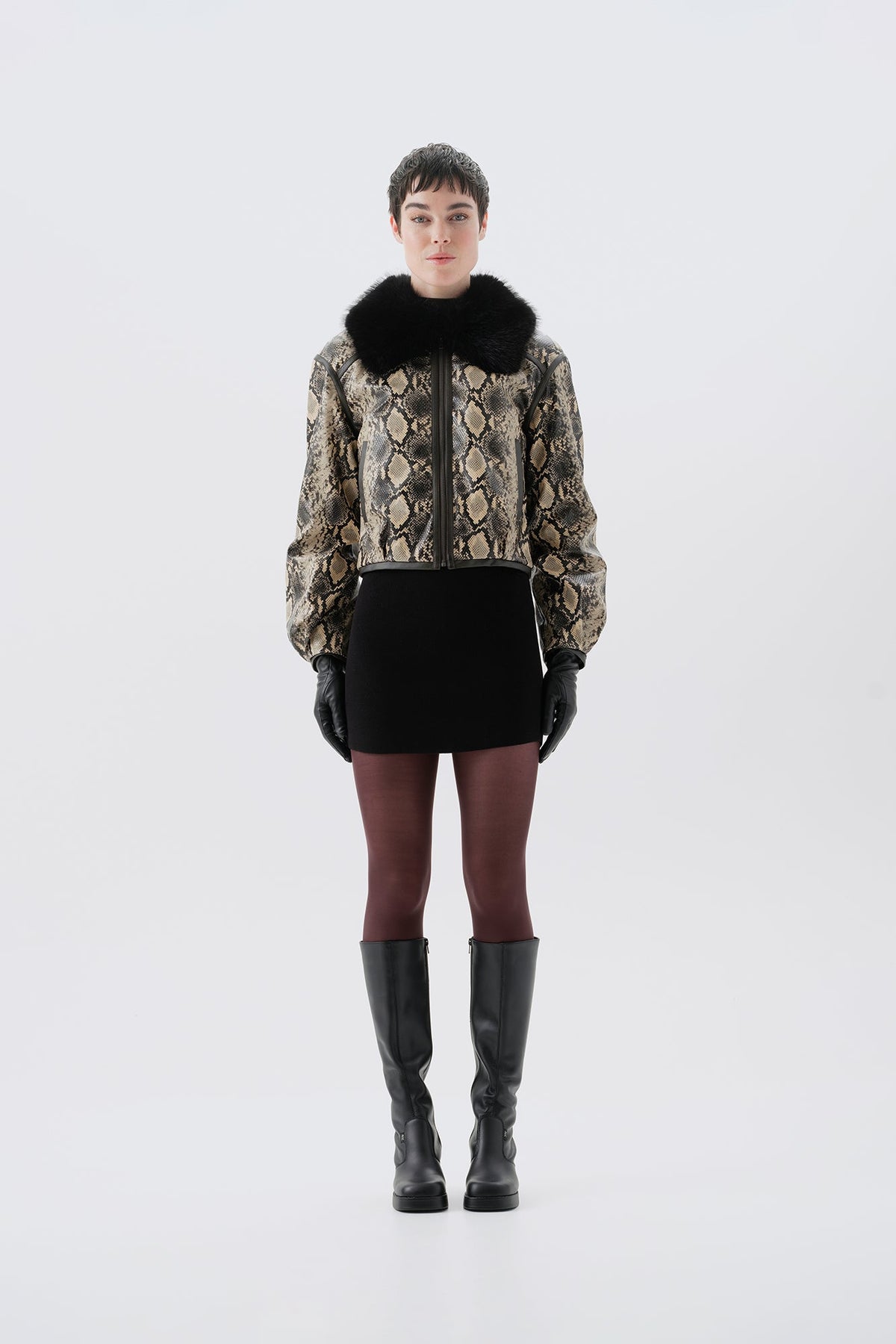 Cropped mock python PU jacket with black faux fur collar, front view