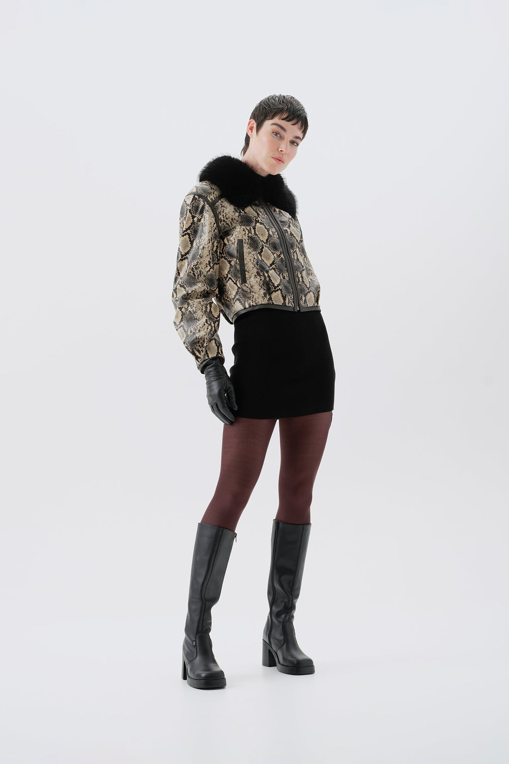 Cropped mock python PU jacket with black faux fur collar