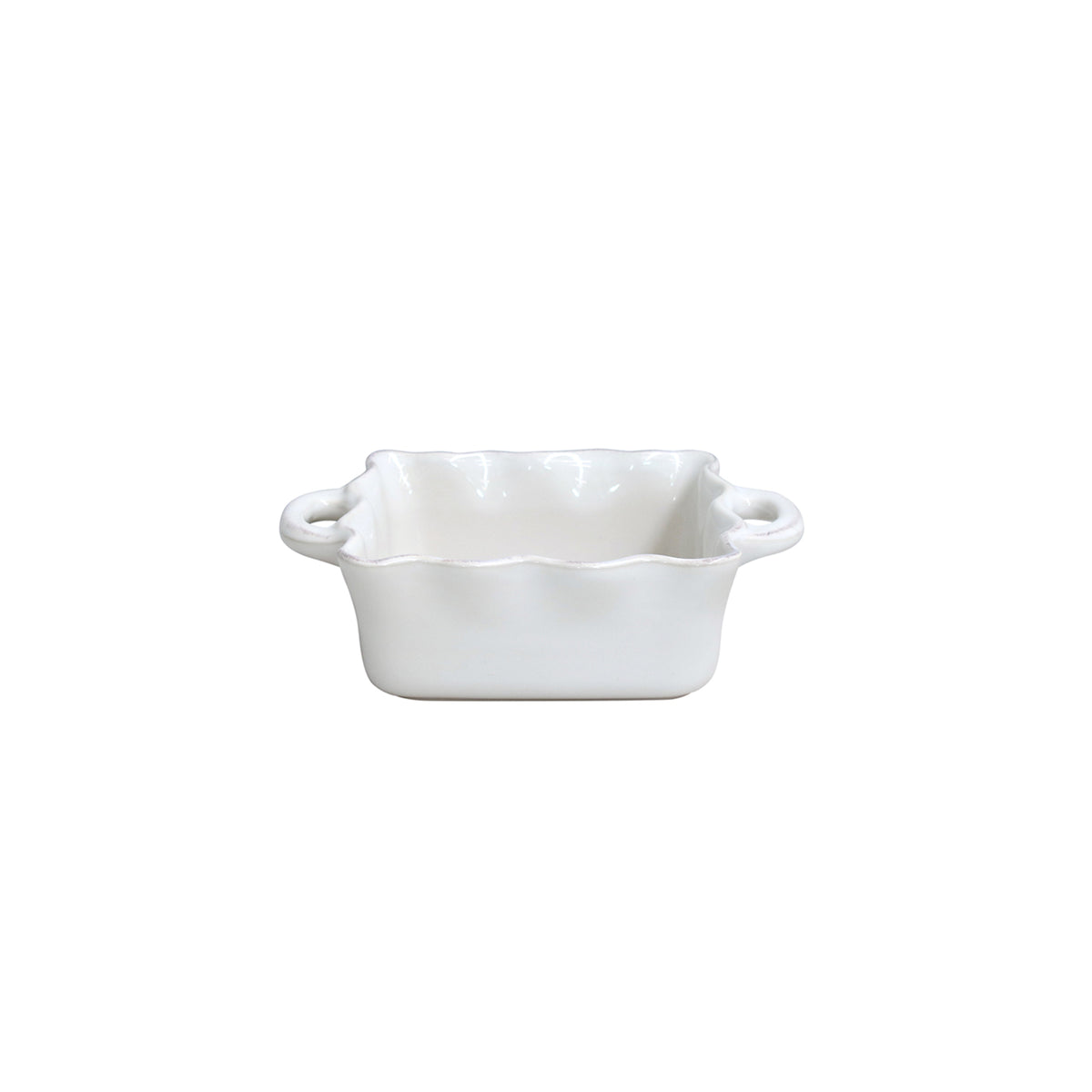 Front view of Costa Nova Cook and Host Square Baker showcasing glossy white glaze and side handles on white background