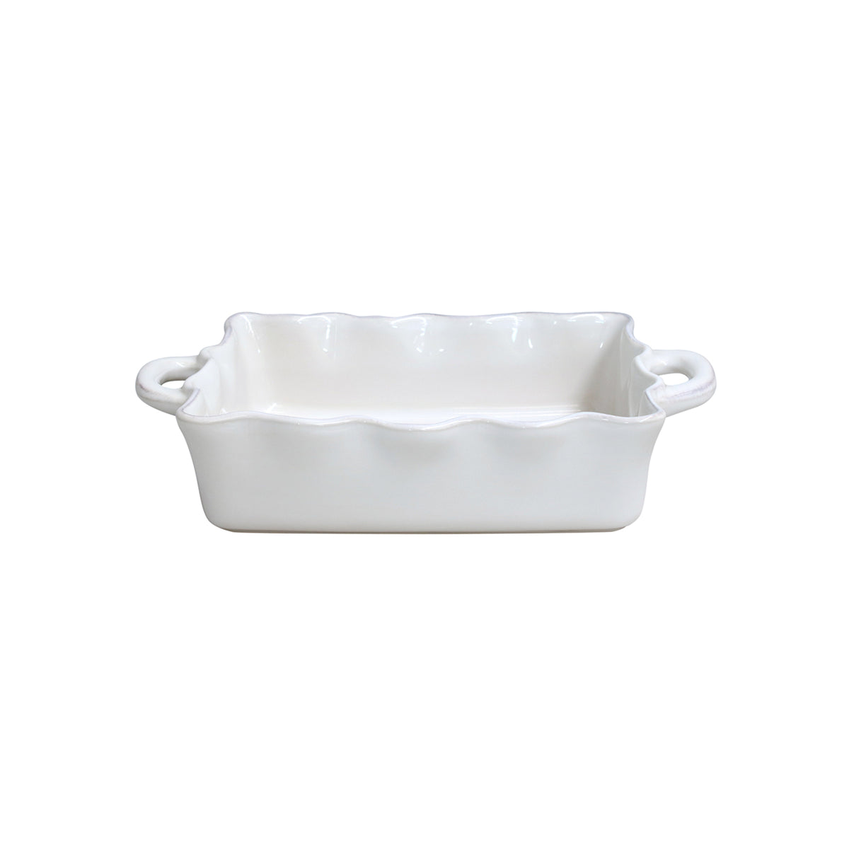 Front view of Costa Nova Rectangle Baker in White showcasing glossy glaze and side handles on white background