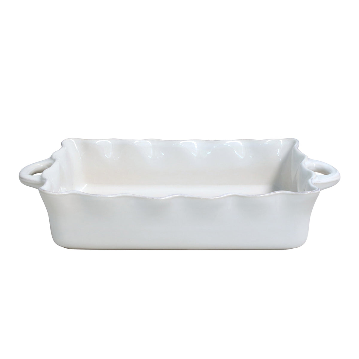 Front view of Costa Nova Cook & Host Rectangle Baker showcasing white glossy stoneware, side handles, and scalloped rim on white background