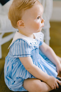 Riviera Blue Stripe Short Sleeve Bubble Romper