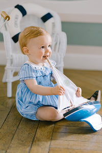 Riviera Blue Stripe Short Sleeve Bubble Romper